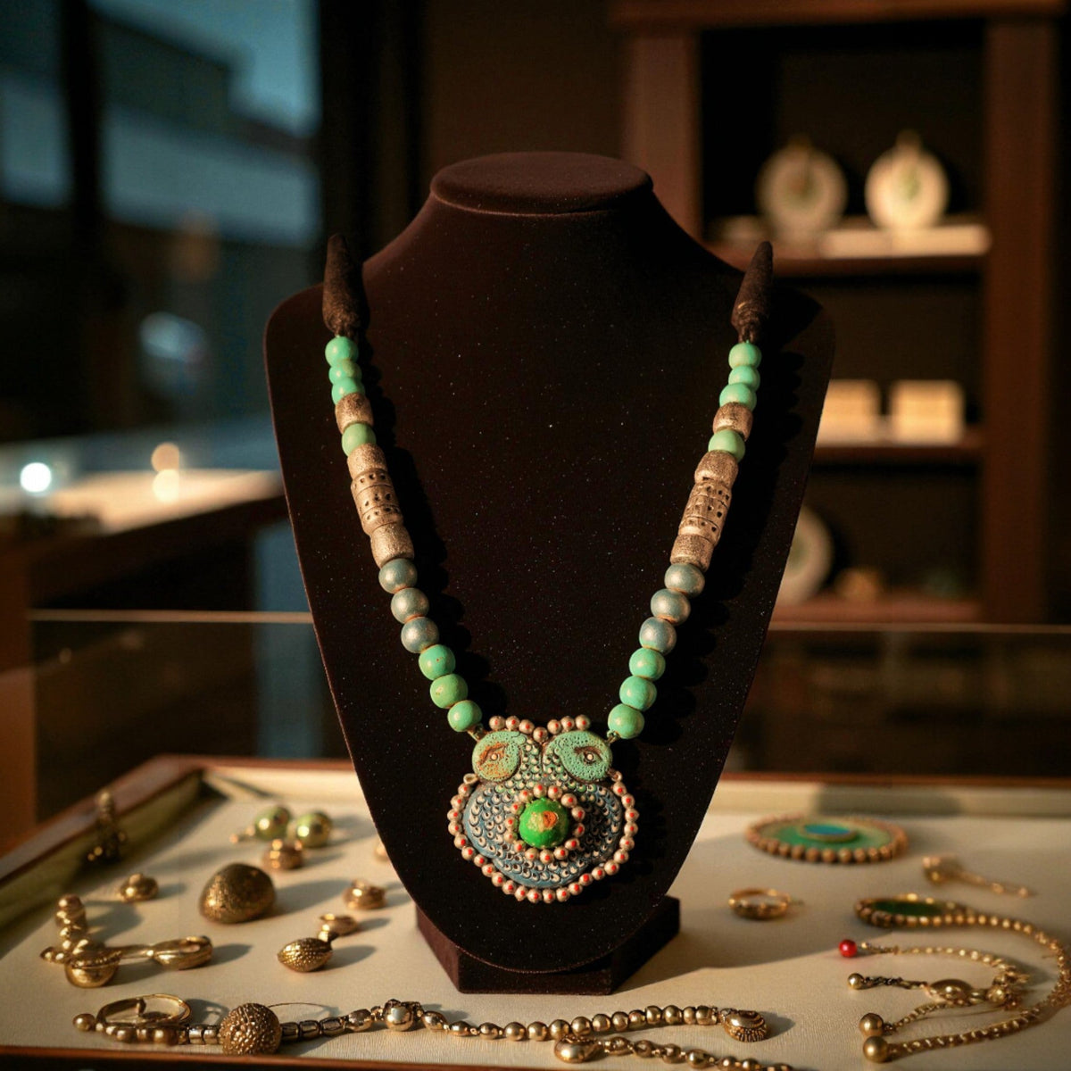 Green Terracotta Necklace with Floral Pendant – view 2