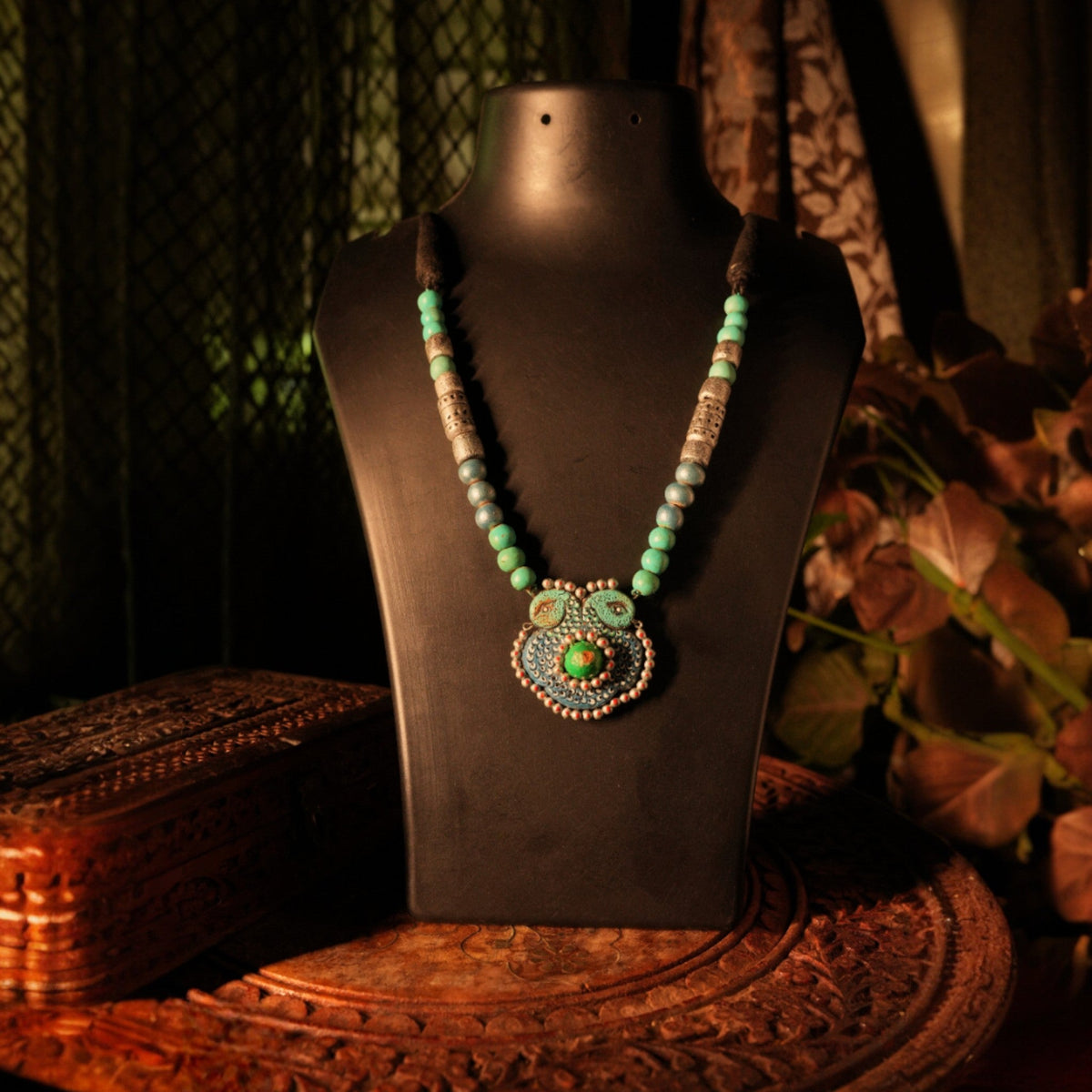 Green Terracotta Necklace with Floral Pendant – Handmade Malnad Clay Jewellery