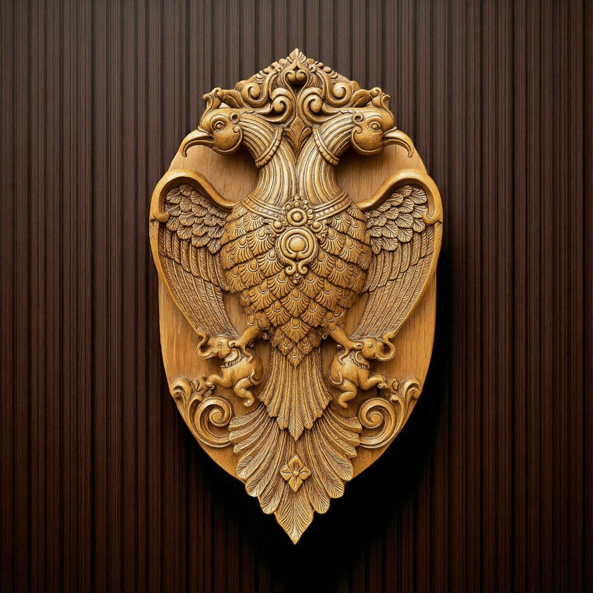 Gandaberunda Shivani Wood Carving – Hand-Carved Two-Headed Bird Wall Plaque