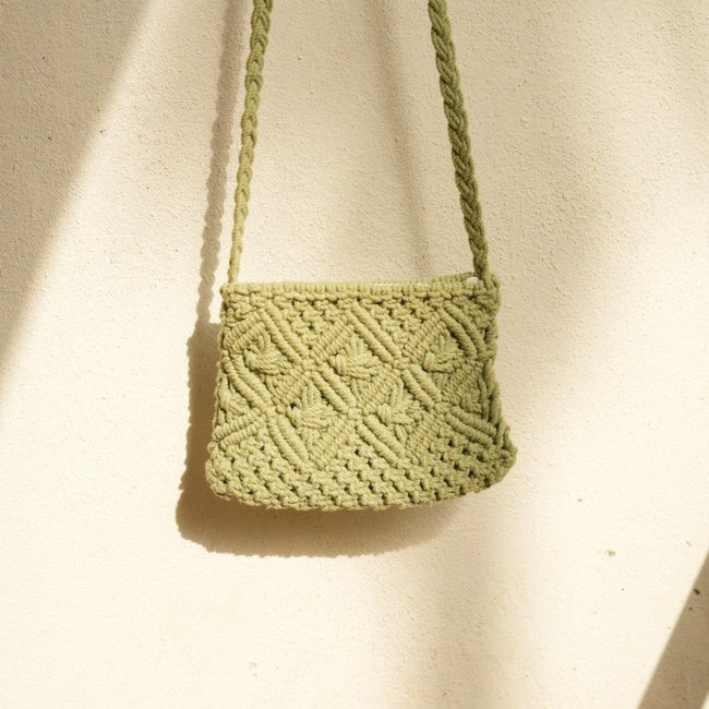 Olive Green Macramé Sling Bag – Hand-Knotted Crossbody Bag
