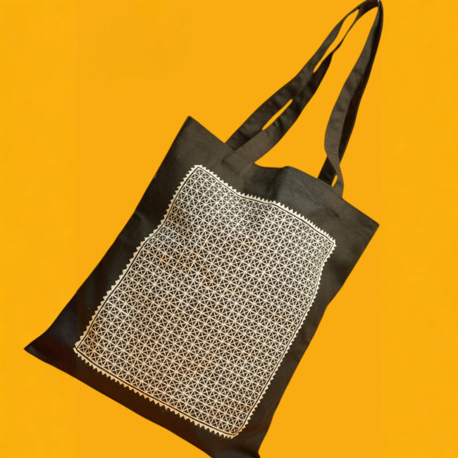 Black Hase Chittara Cotton Tote Bag – Hand-Painted Folk Art Bag