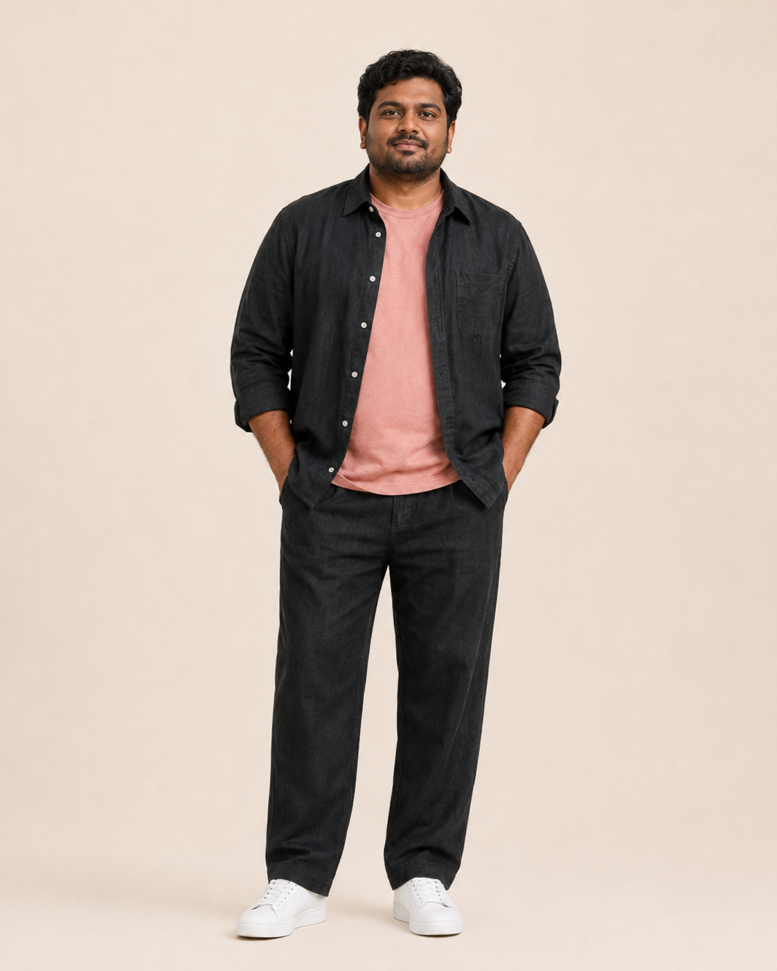 Mens Hemp Shirt Pants Set Black
