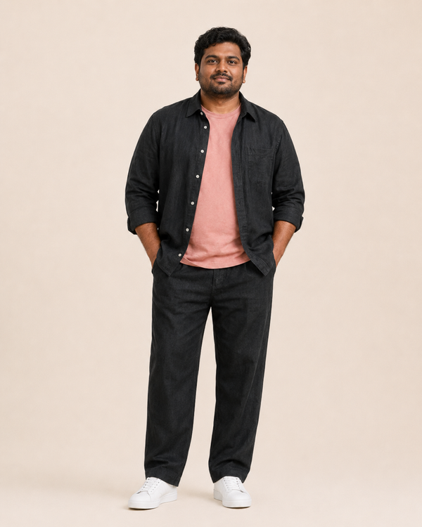 Mens Hemp Shirt Pants Set Black