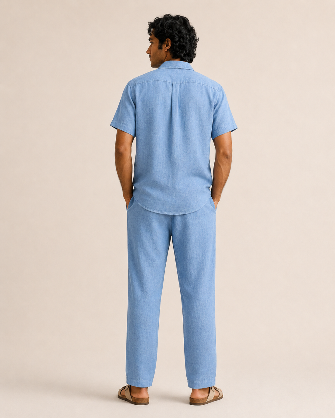 Mens Hemp Shirt Pants Set Blue