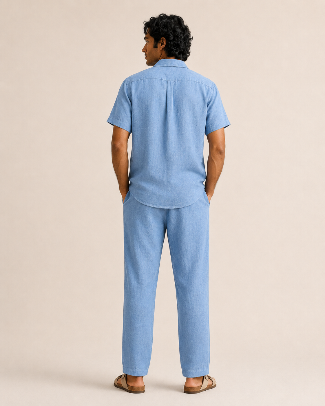 Mens Hemp Shirt Pants Set Blue