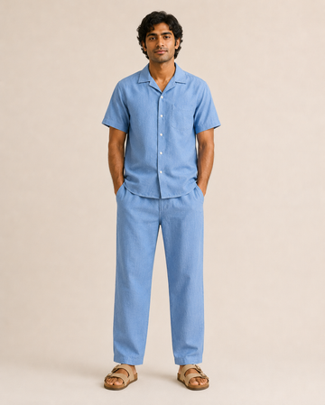 Mens Hemp Shirt Pants Set Blue