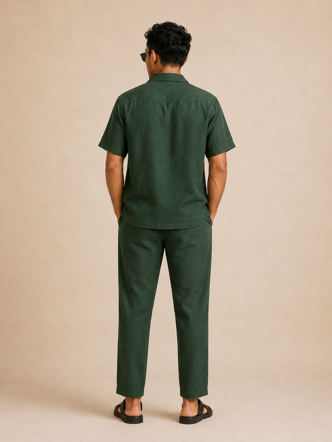 Mens Hemp Shirt Pants Set Green