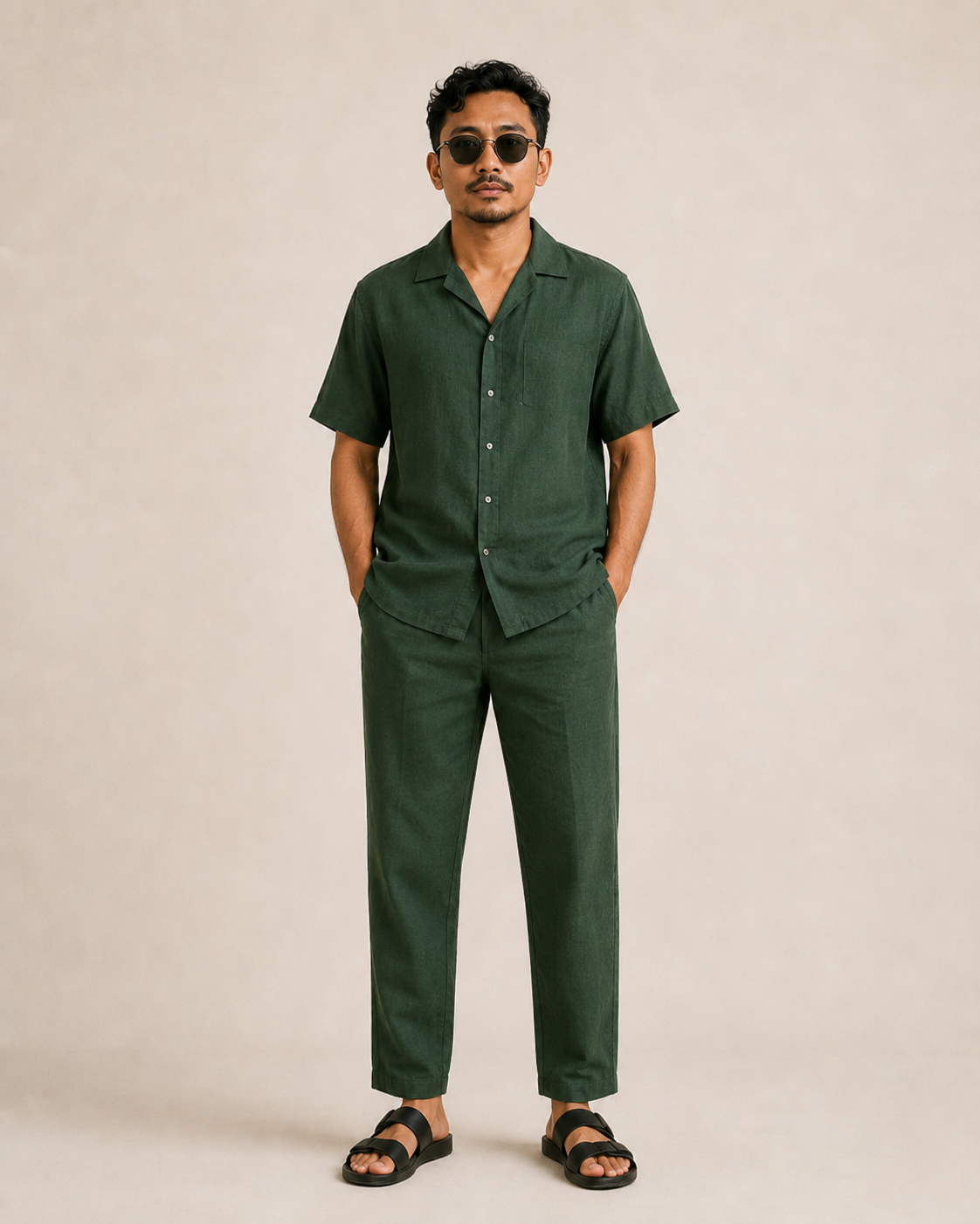 Mens Hemp Shirt Pants Set Green