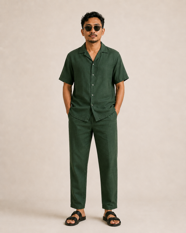 Mens Hemp Shirt Pants Set Green