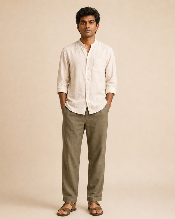 Mens Hemp Shirt Pants Set Olive