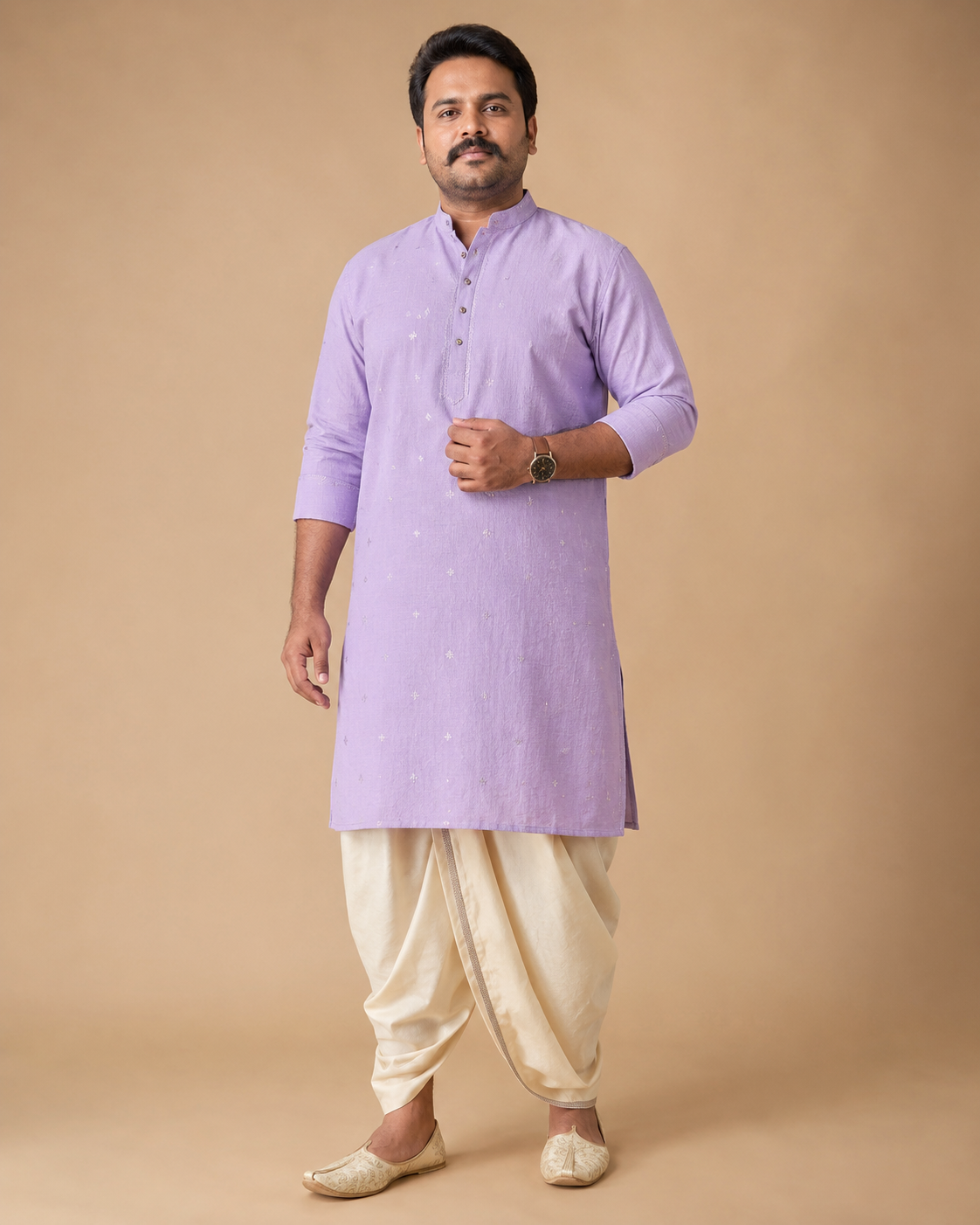 Mens Traditional Kurta Dhoti Set Lavender