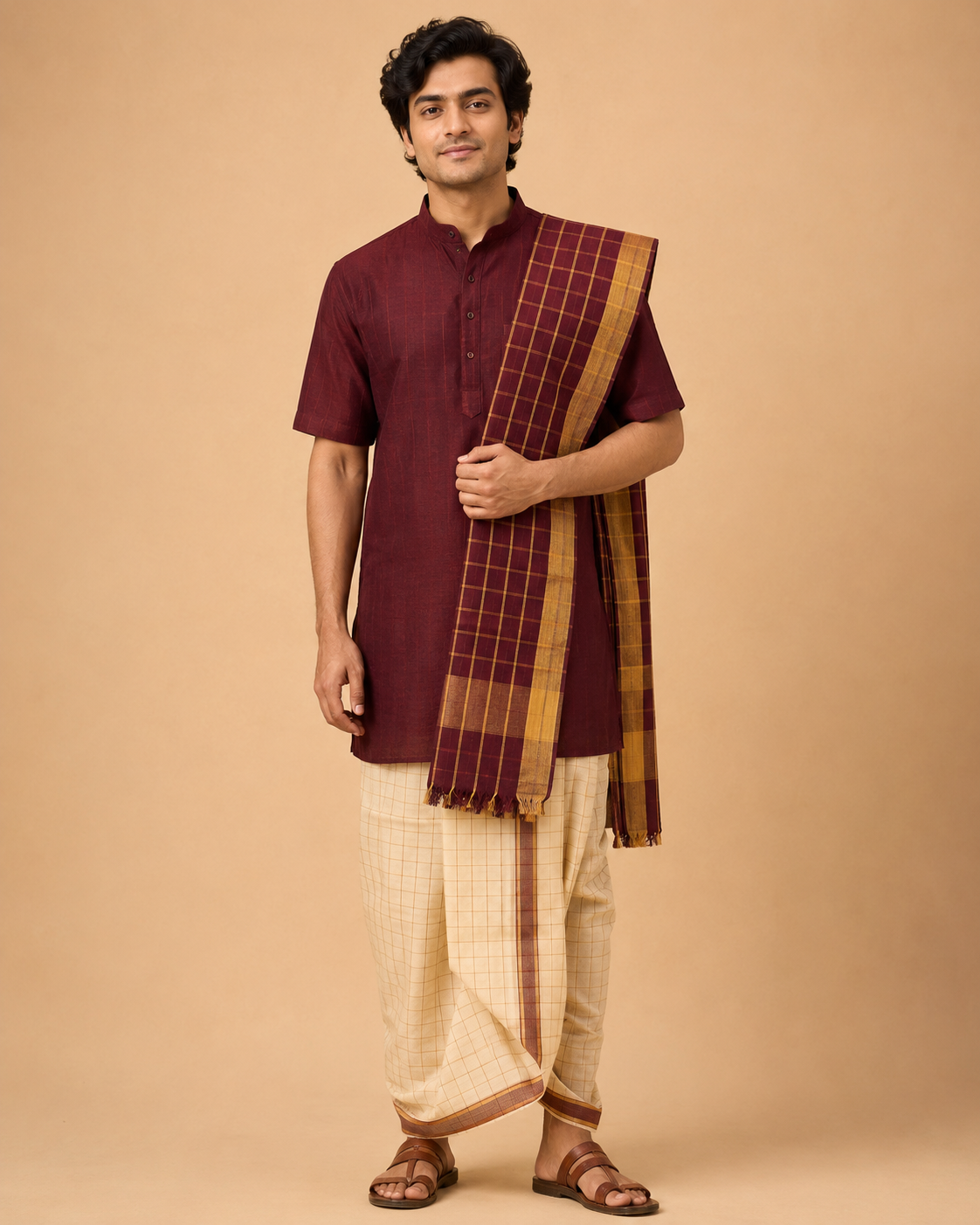 Mens Traditional Kurta Dhoti Set Maroon