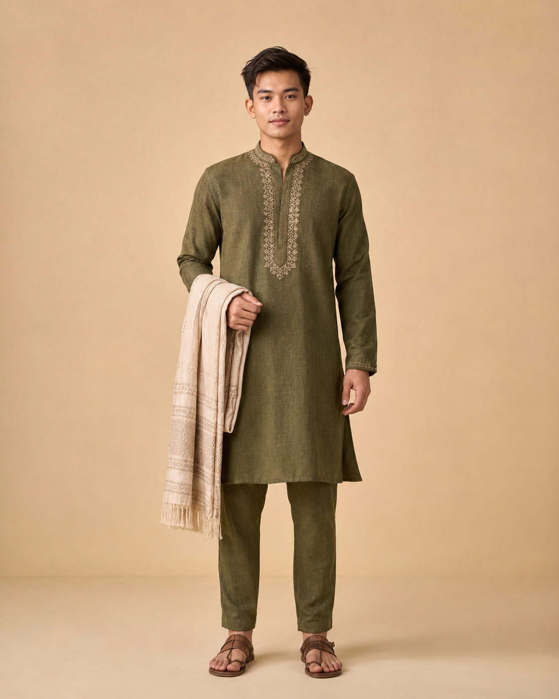 Mens Traditional Kurta Pajama Set Olive