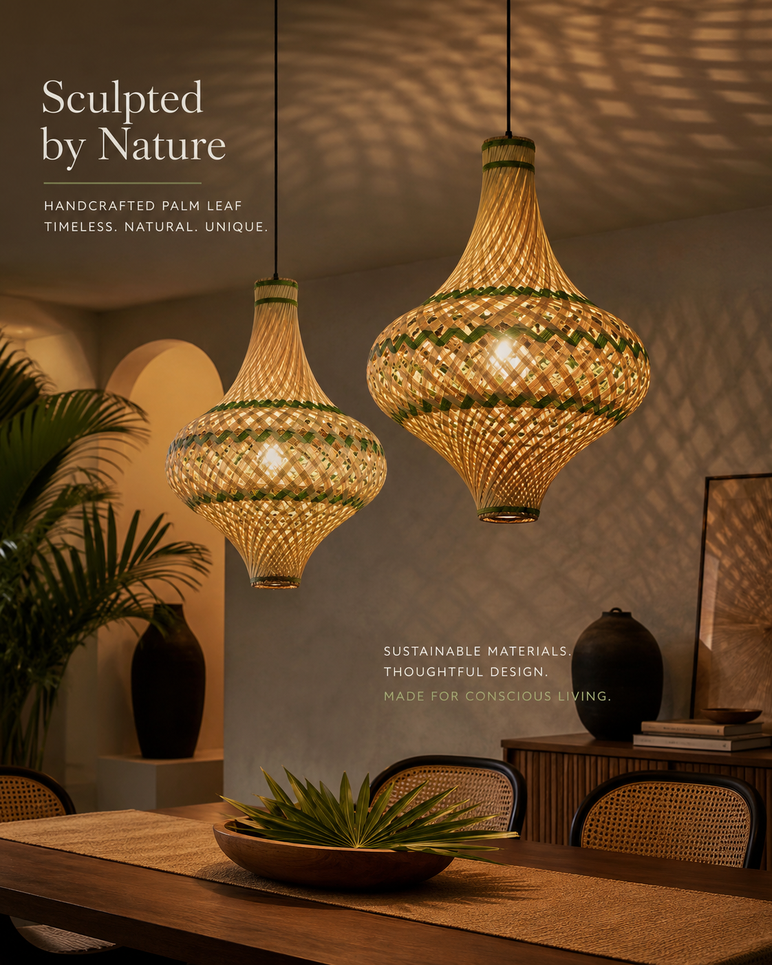palm leaf woven pendant lamp cluster