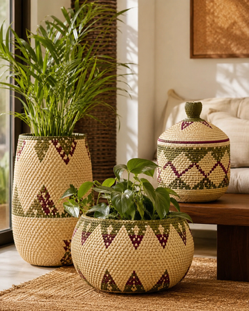 Palm Leaf Woven Planter Pot Set