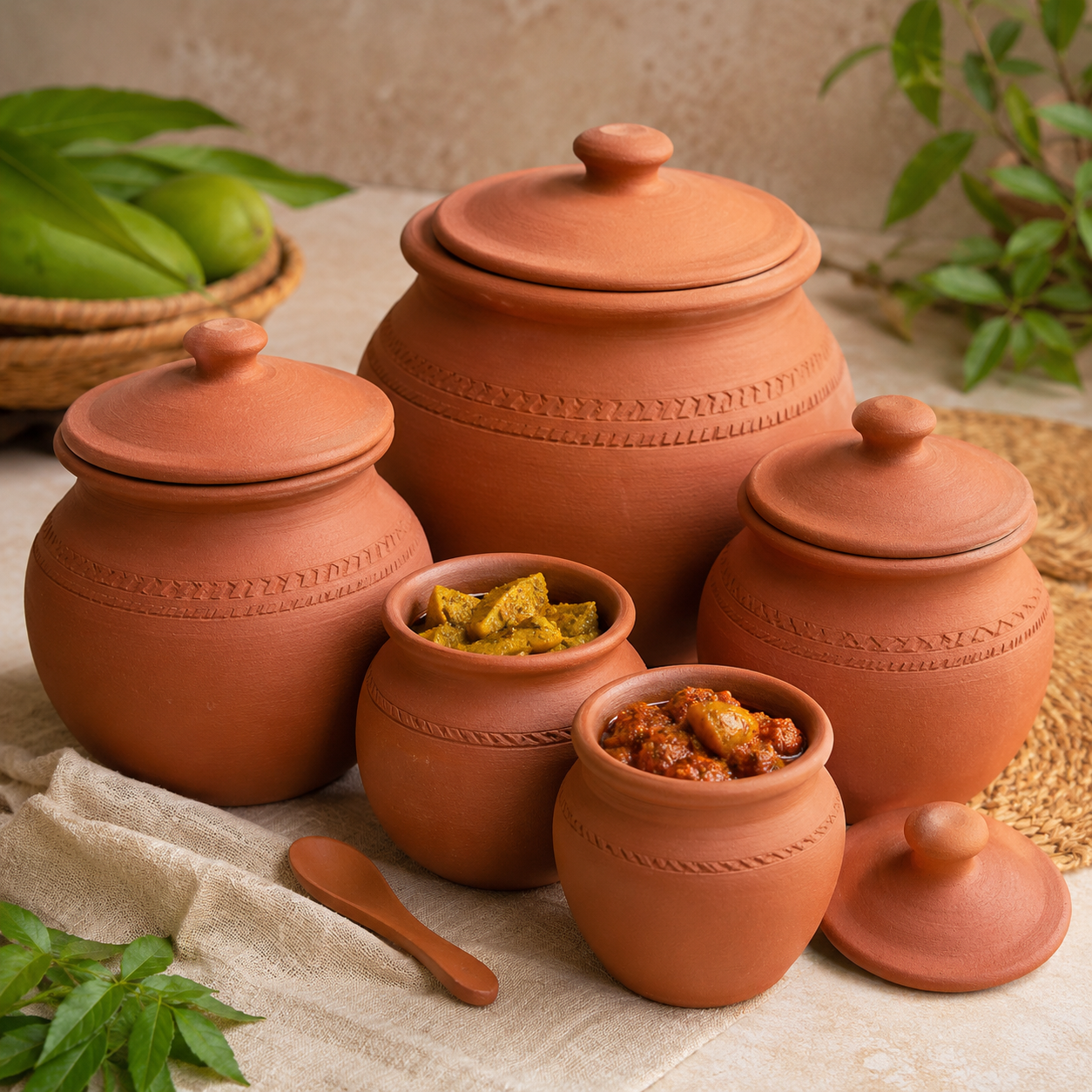 Terracotta Clay Cooking Pot Trio Set