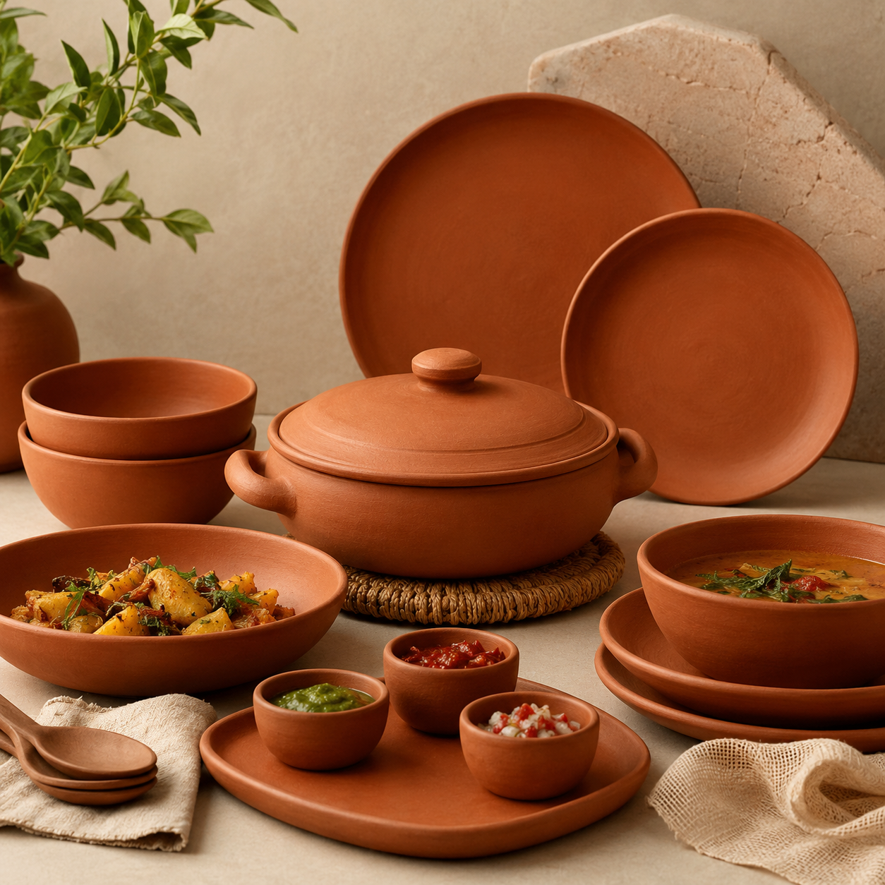 Terracotta Clay Dinner Plate Bowl Set