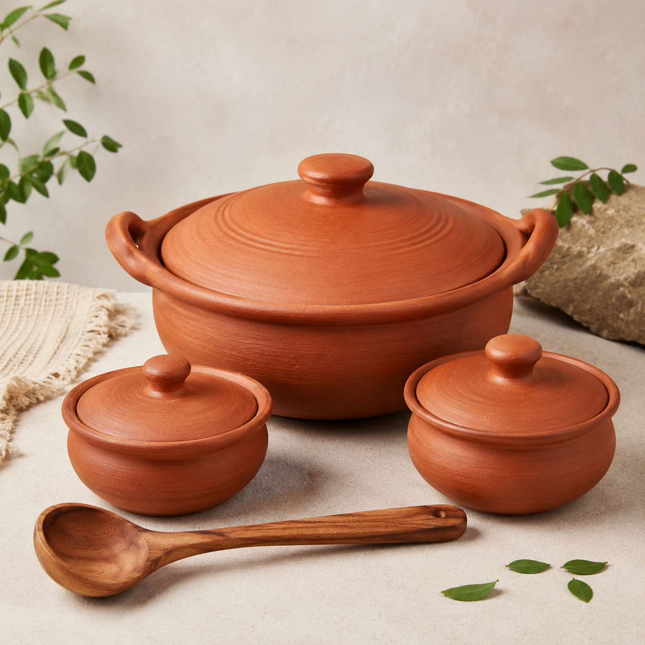 Terracotta Clay Handi Pot Set With Bowls