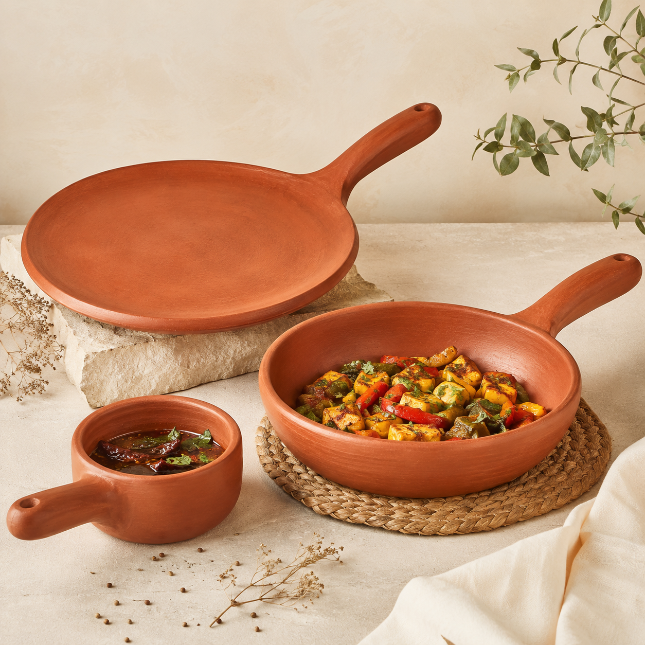 Terracotta Clay Tawa Pan With Curry Bowl