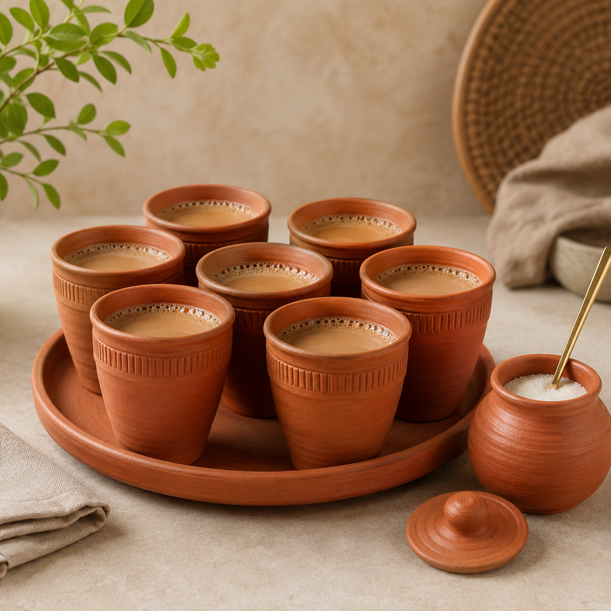 Terracotta Clay Tea Tumbler Set With Tray