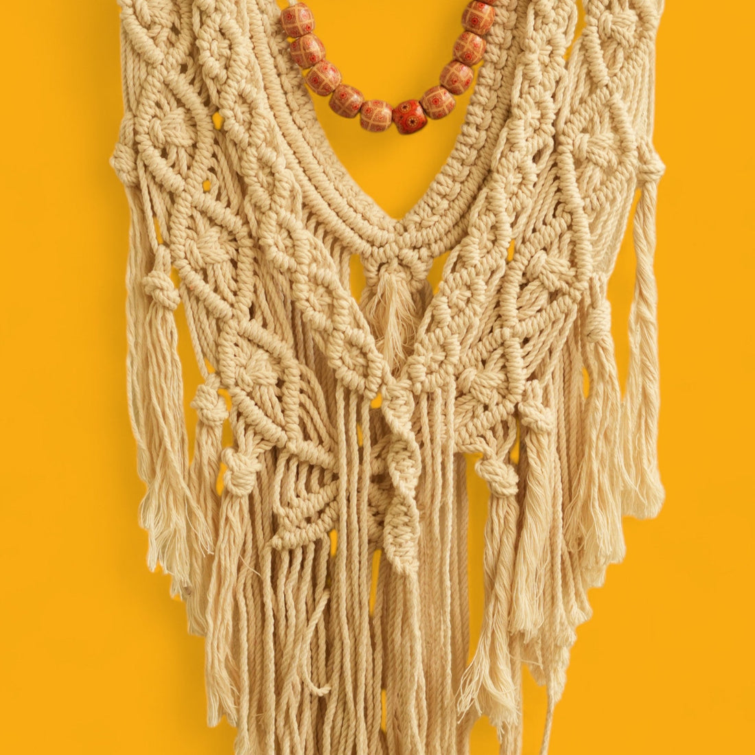 Macramé Wall Hanging with Wooden Dowel and Beads