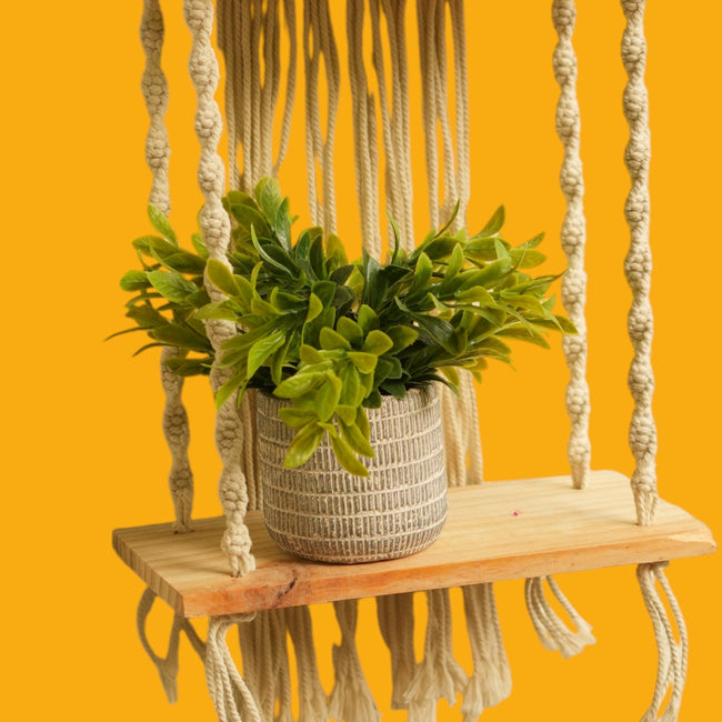 Macramé Plant Hanger with Wooden Shelves – Hand-Knotted Hanging Shelf