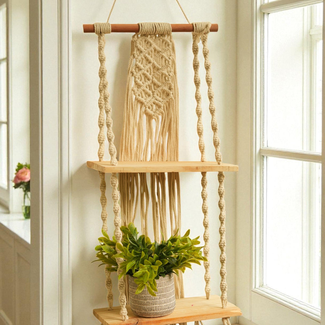 Macramé Plant Hanger with Wooden Shelves
