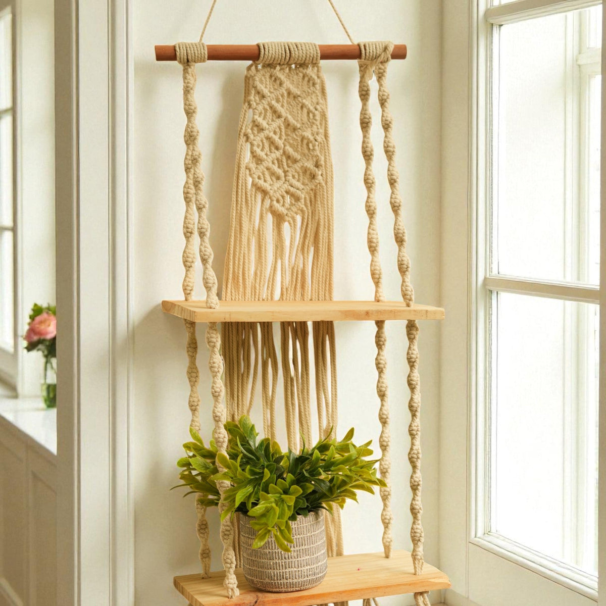 Macramé Plant Hanger with Wooden Shelves