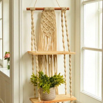 Macramé Plant Hanger with Wooden Shelves