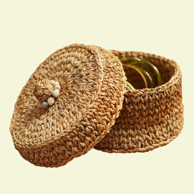 Banana Fibre Jewellery Box with Lid – Handwoven Natural Storage Box