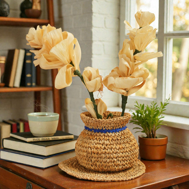 Banana Fibre Flower Vase – Handwoven Natural Vase for Dried Flowers