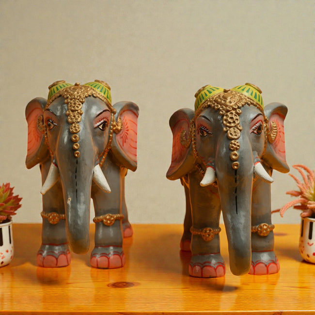Elephant Kinnal Art Wooden Figurines (Set of 2) – Hand-Painted Decorative Elephants