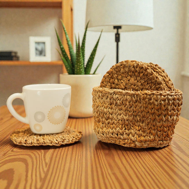 Banana Fibre Coasters (Set of 6) with Holder – Handwoven Natural Coasters