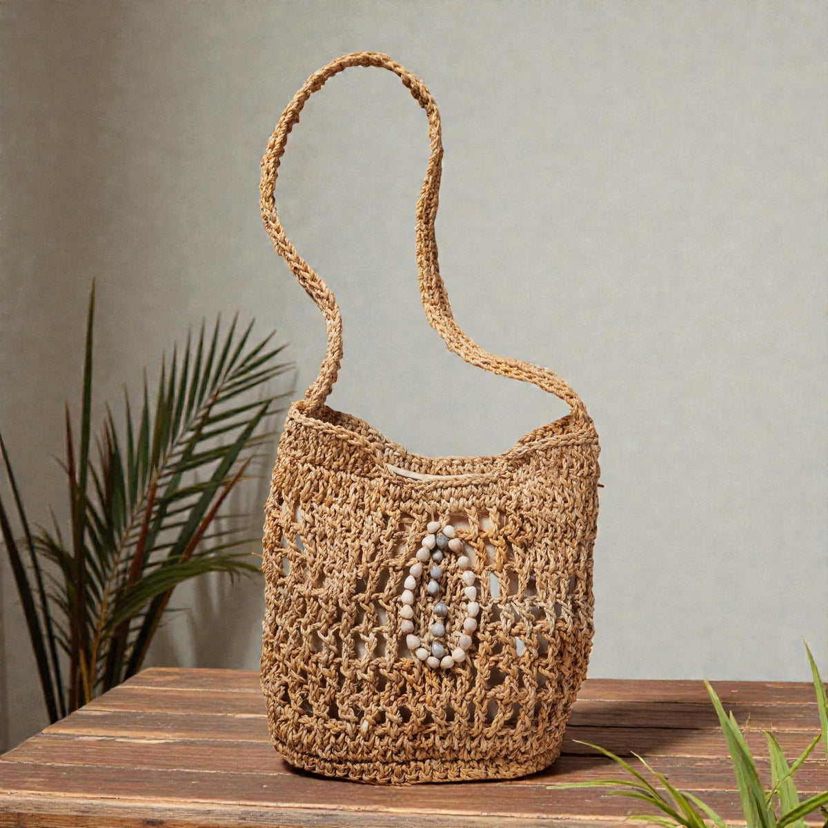 Banana Fibre Shoulder Bag with Shell Detail – view 2