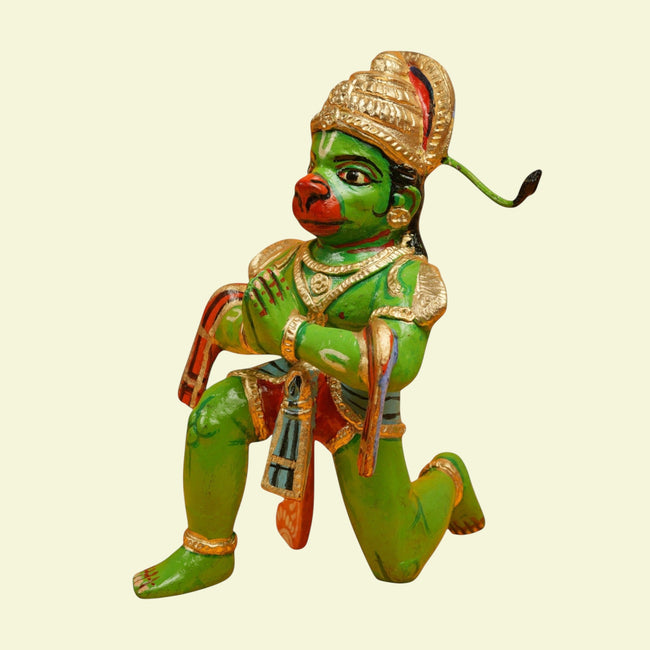 Hanuman Kinnal Art Wooden Figurine – Hand-Painted Kneeling Hanuman Statue