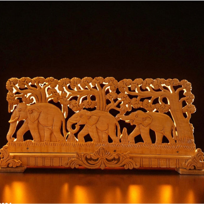 Elephant Shivani Wood Carving – Hand-Carved Openwork Elephant Panel