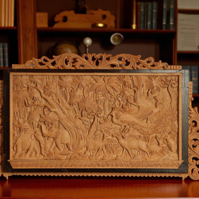 Sandalwood Jungle Scene Carving – Hand-Carved Wildlife Relief Panel