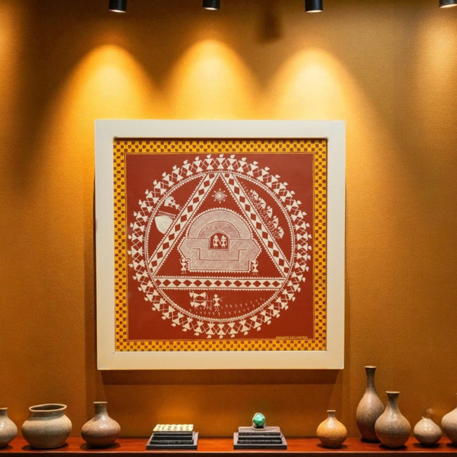 Hase Chittara Painting – Red, Yellow and White Framed Folk Art