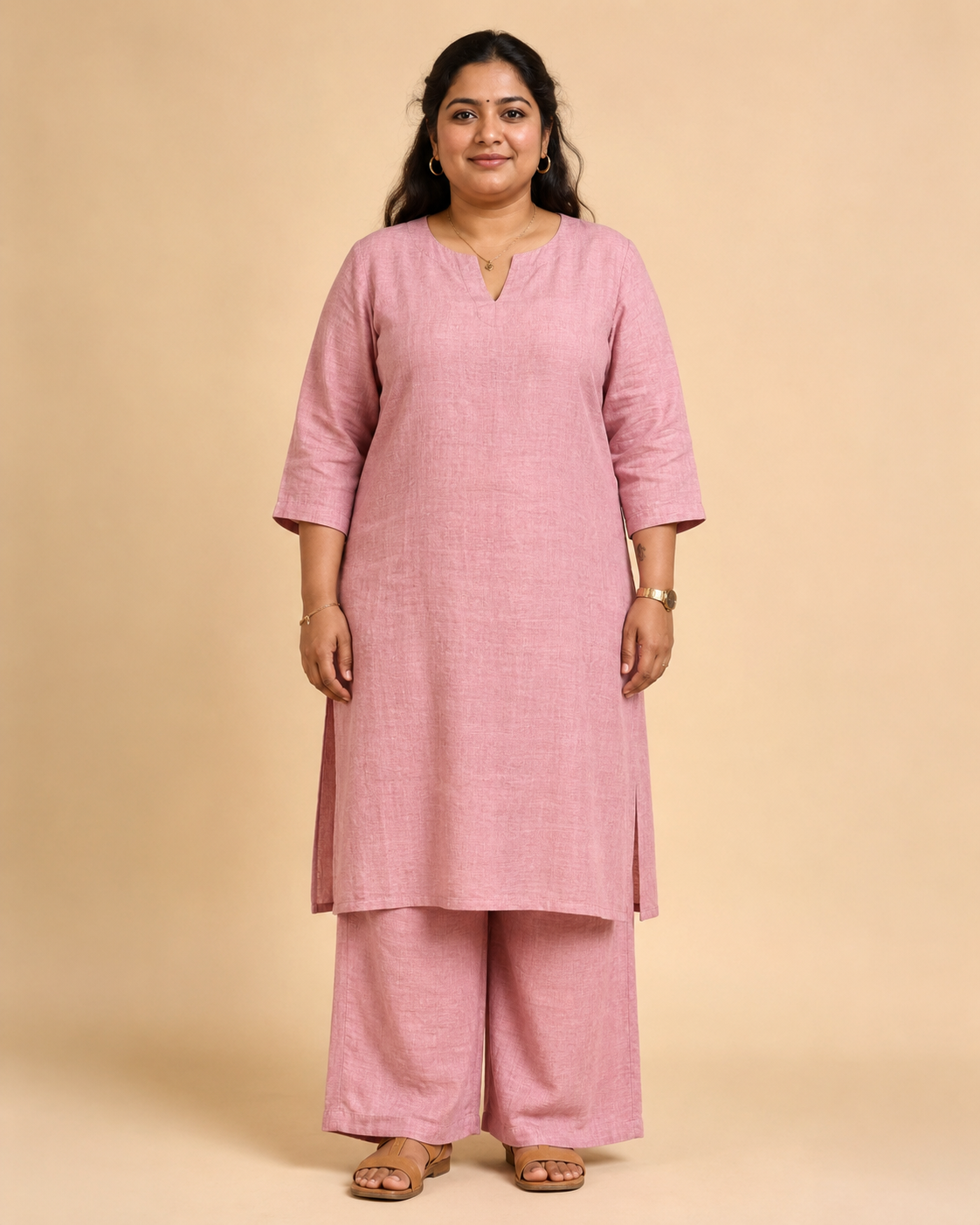 Womens Hemp Kurta Palazzo Set Pink