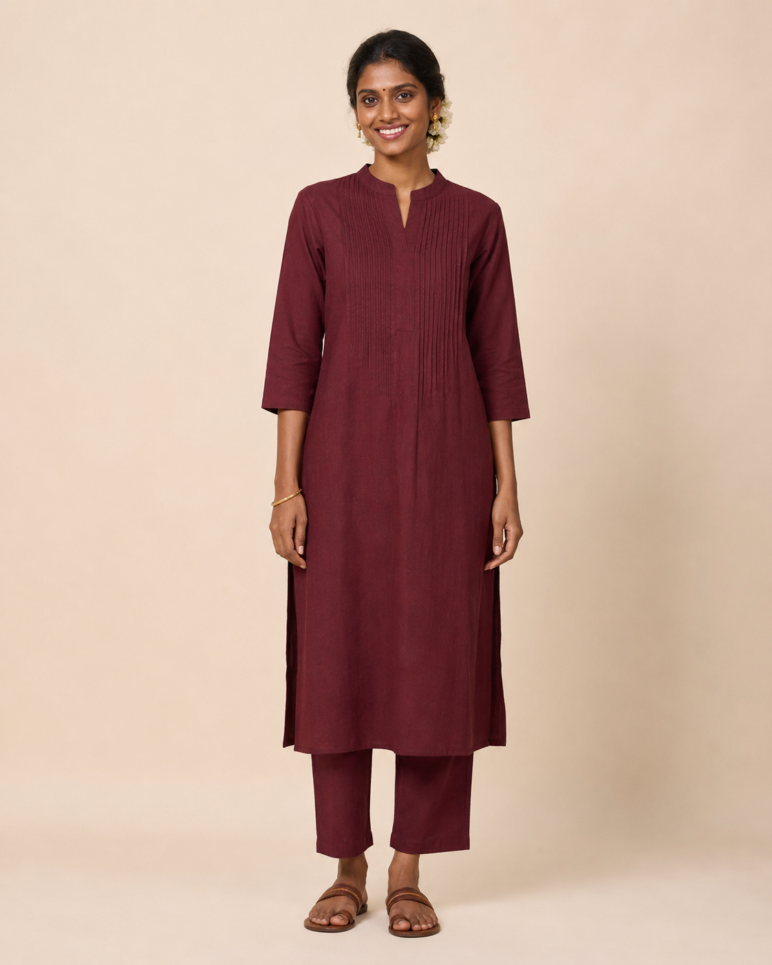 Womens Hemp Kurta Pants Set Maroon