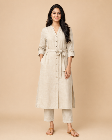 Womens Hemp Beige Shirt Dress Pants Set