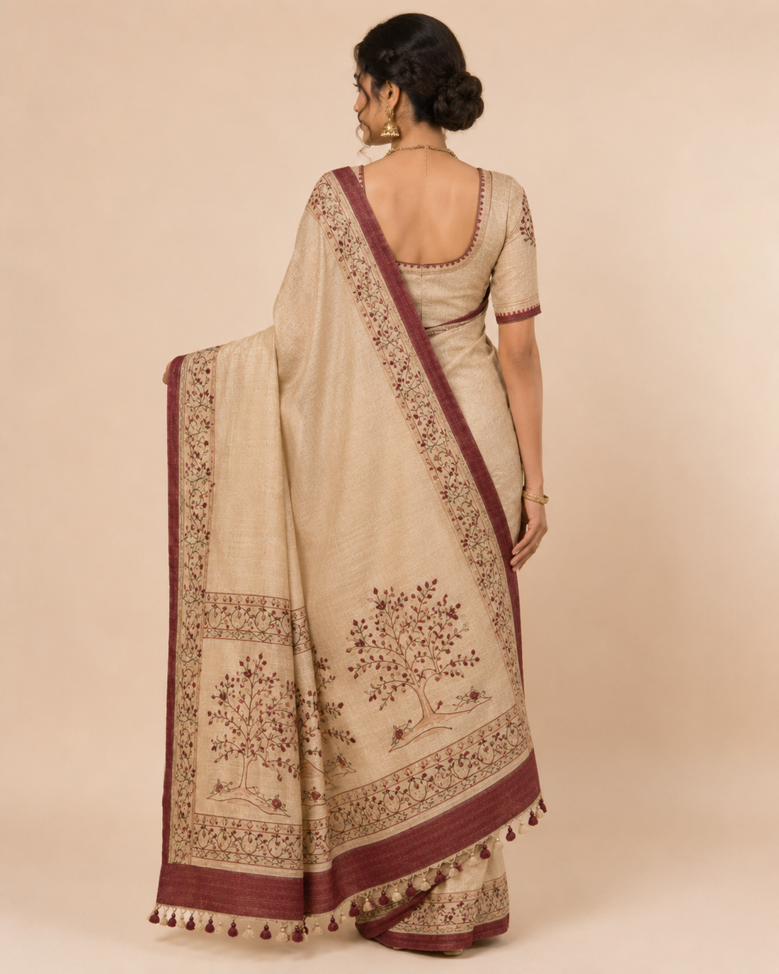 Womens Traditional Saree Cream Maroon Border
