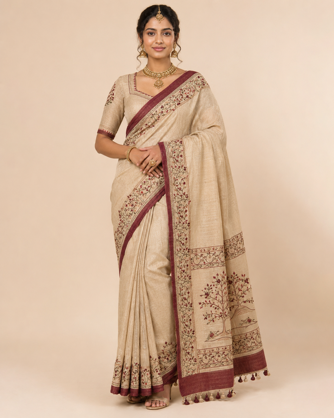Womens Traditional Saree Cream Maroon Border