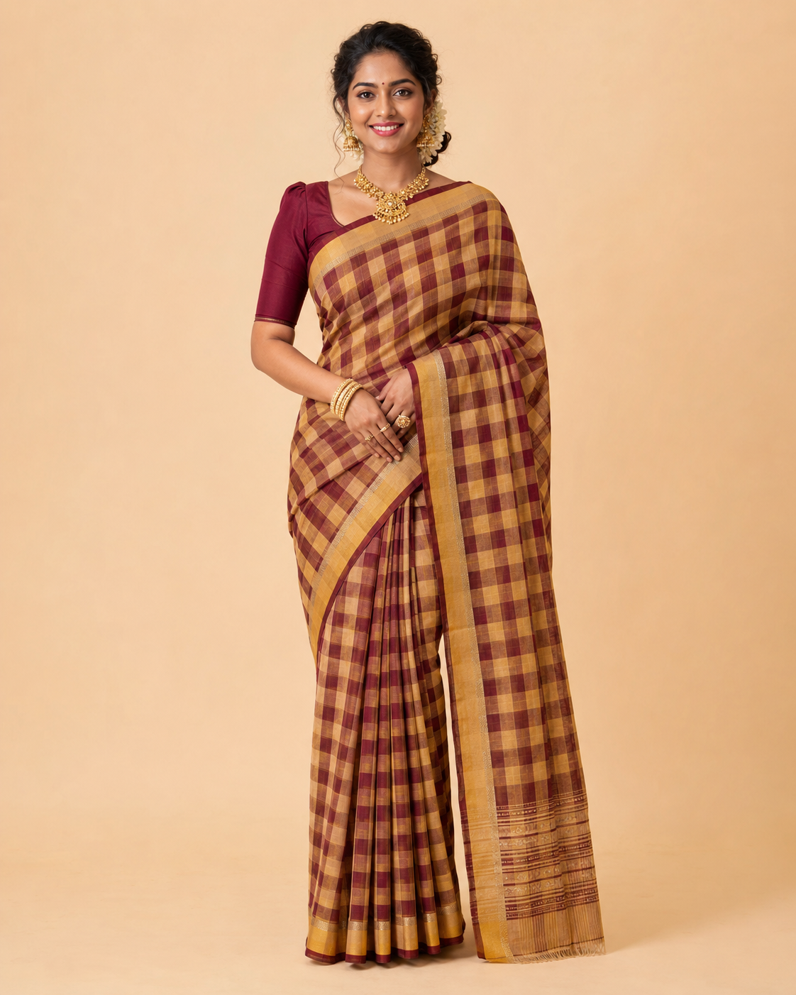 Womens Traditional Saree Maroon Check